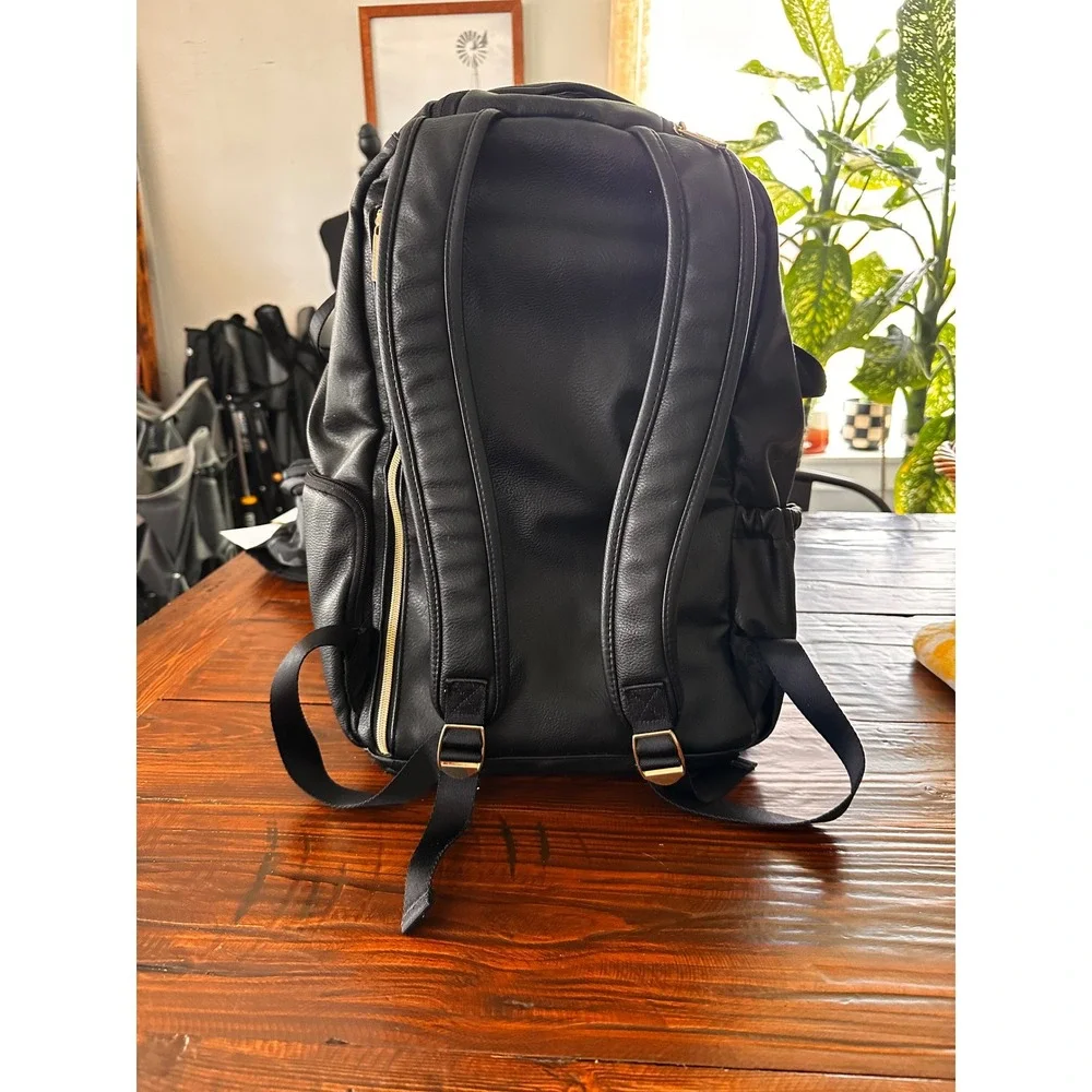 Itzy Ritzy Boss Backpack Diaper Bag Black Vegan Leather Gold Hardware Quilted